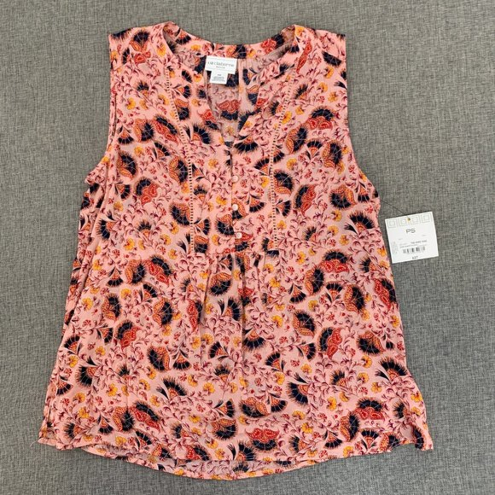Brand New Liz Claiborne Sleeveless Top Petite Small 100% Rayon Pink Black V-Neck